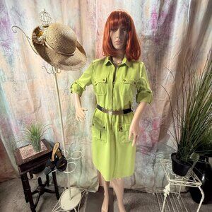 📌Sharagano Lime Green  Sheath Dress with Roll Up Sleeves and Pockets